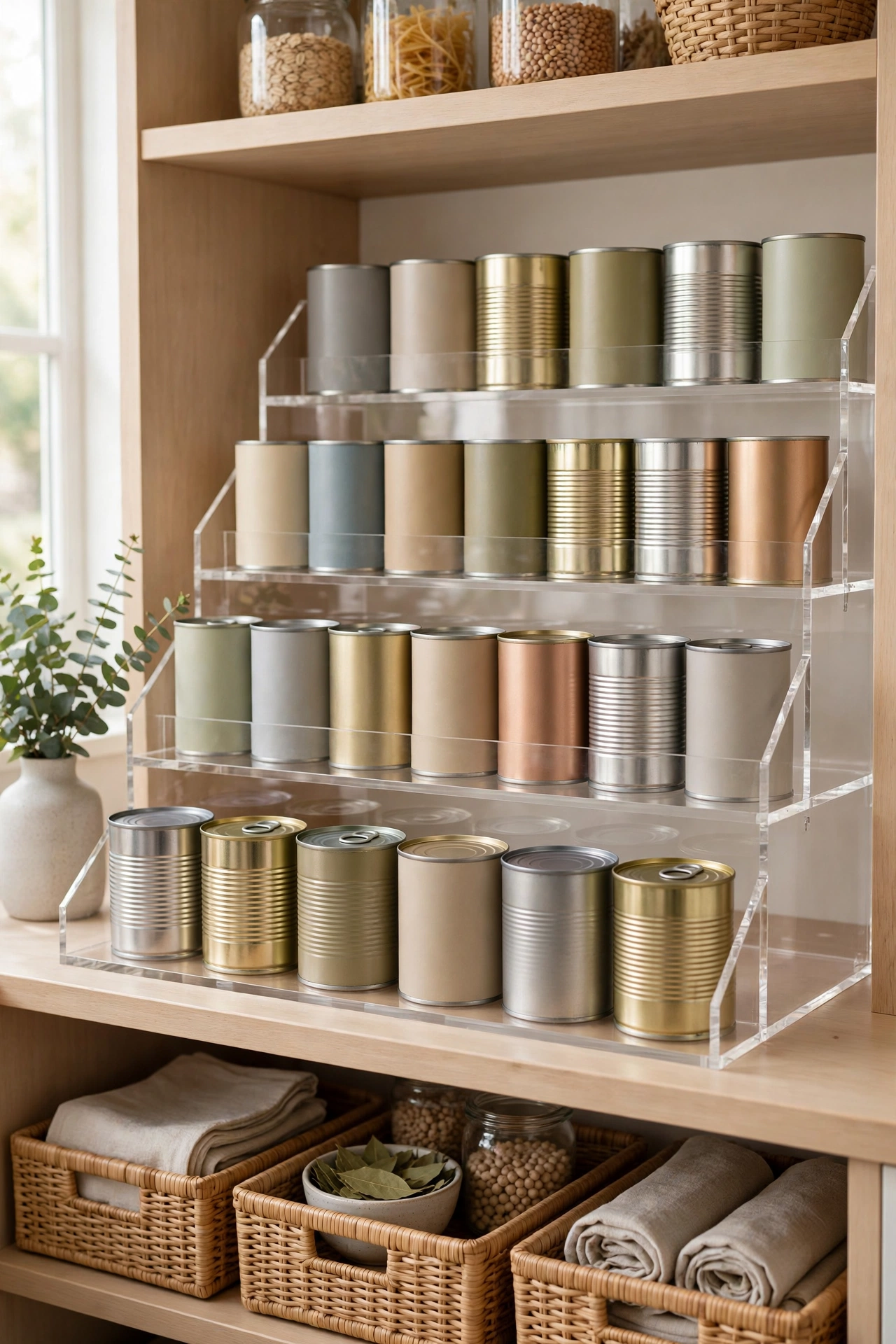 Pantry shelf with tiered risers lifting tins so all are visible