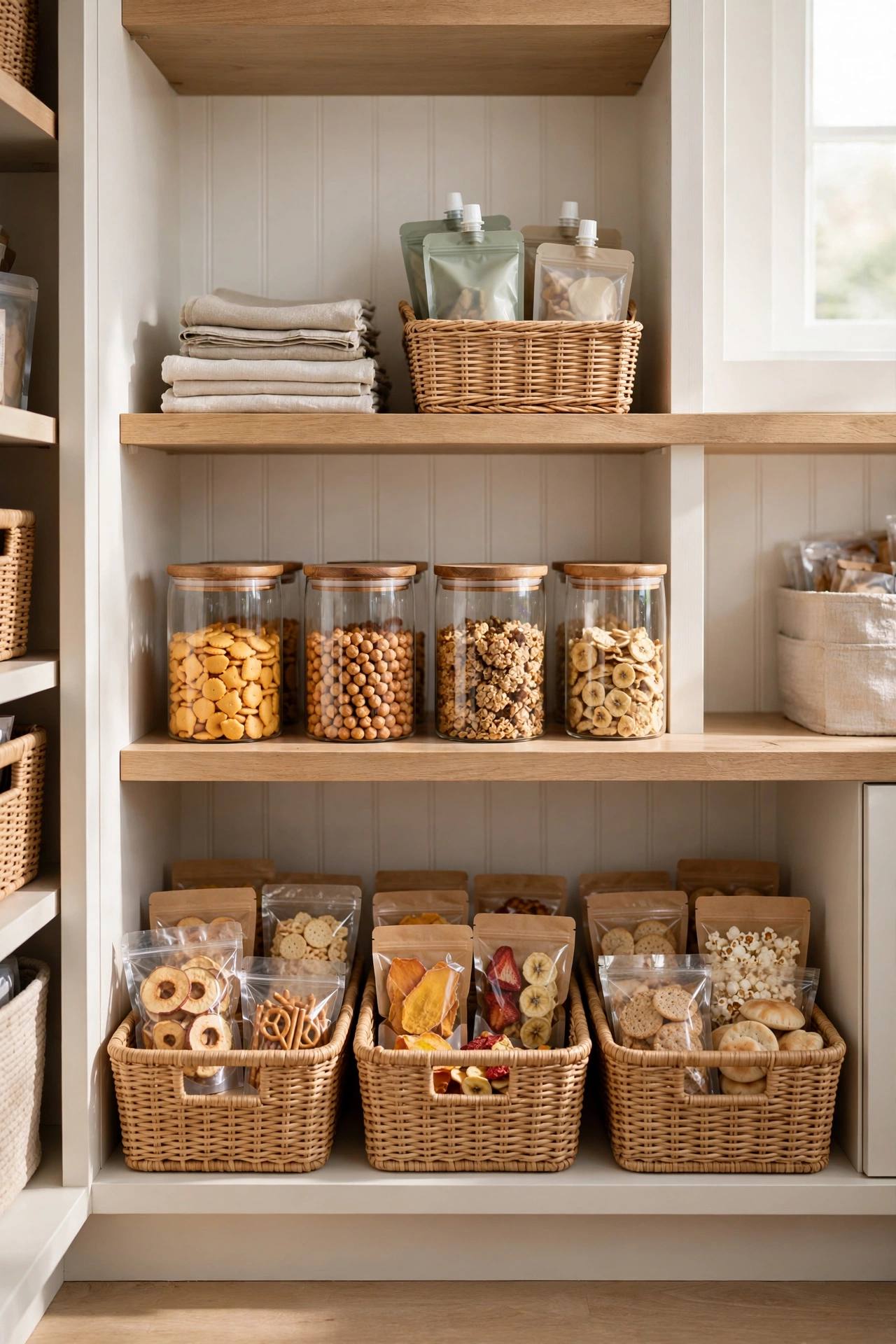 Low snack station basket in a pantry with portioned snacks