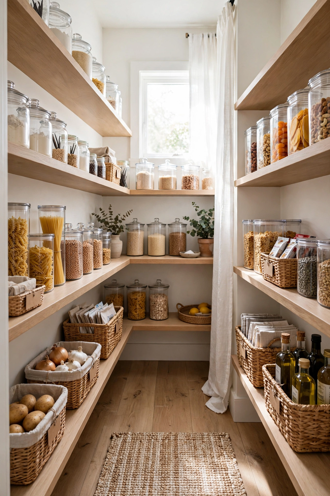 Beautifully organised walk-in pantry with zoned shelves and clear containers