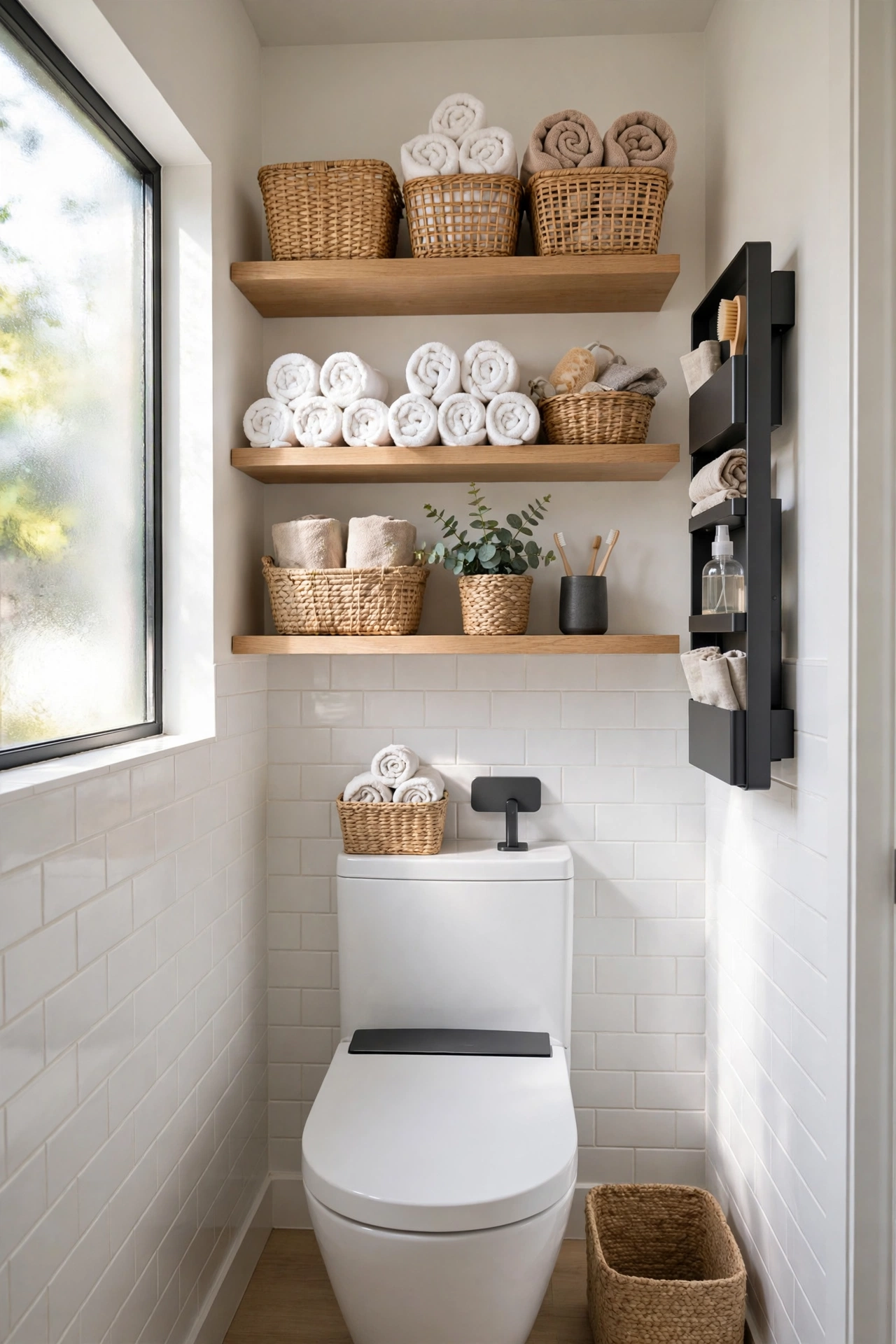 Floating shelves above the toilet in a small bathroom for vertical storage
