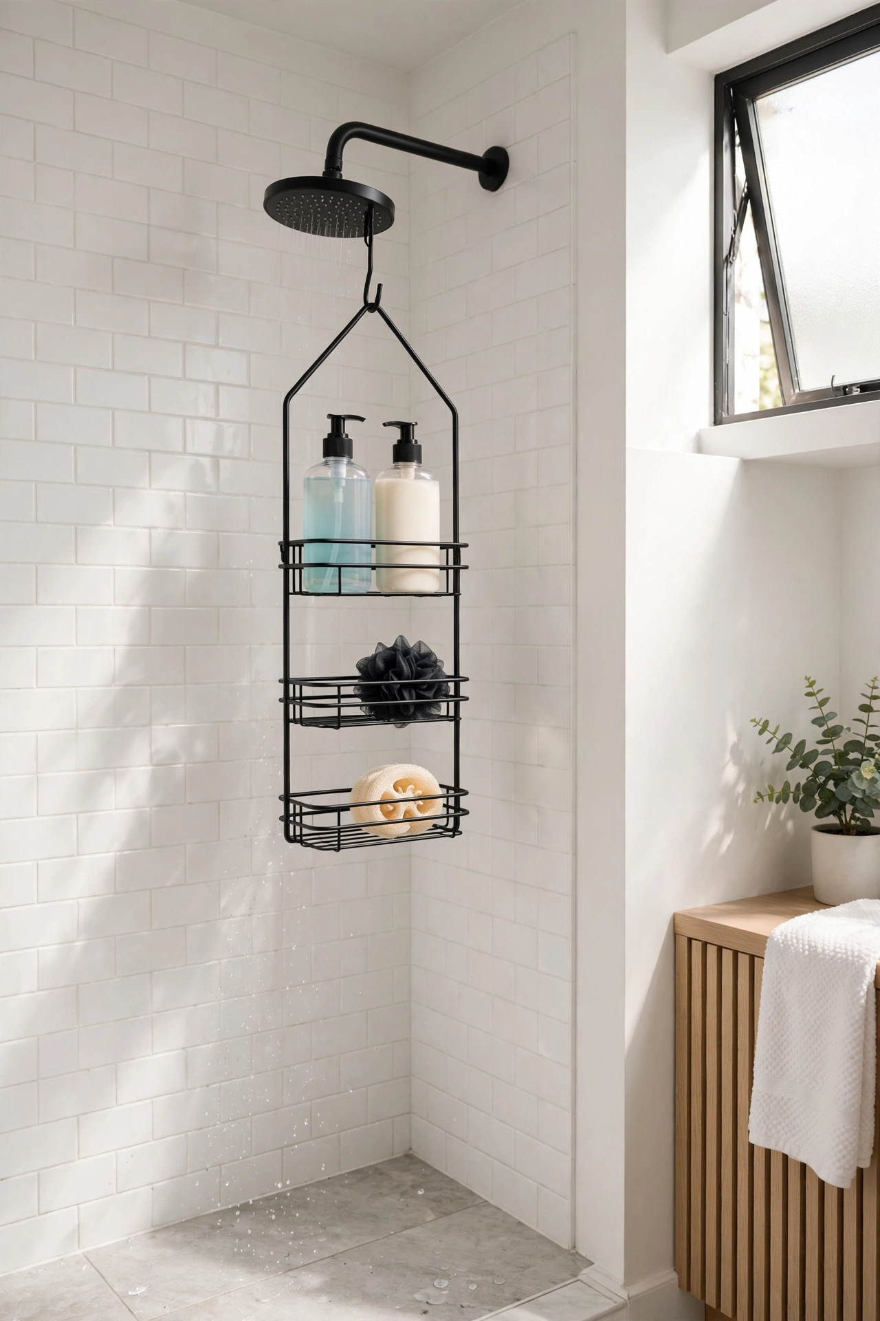 Shower caddy hanging from a shower head in a small bathroom