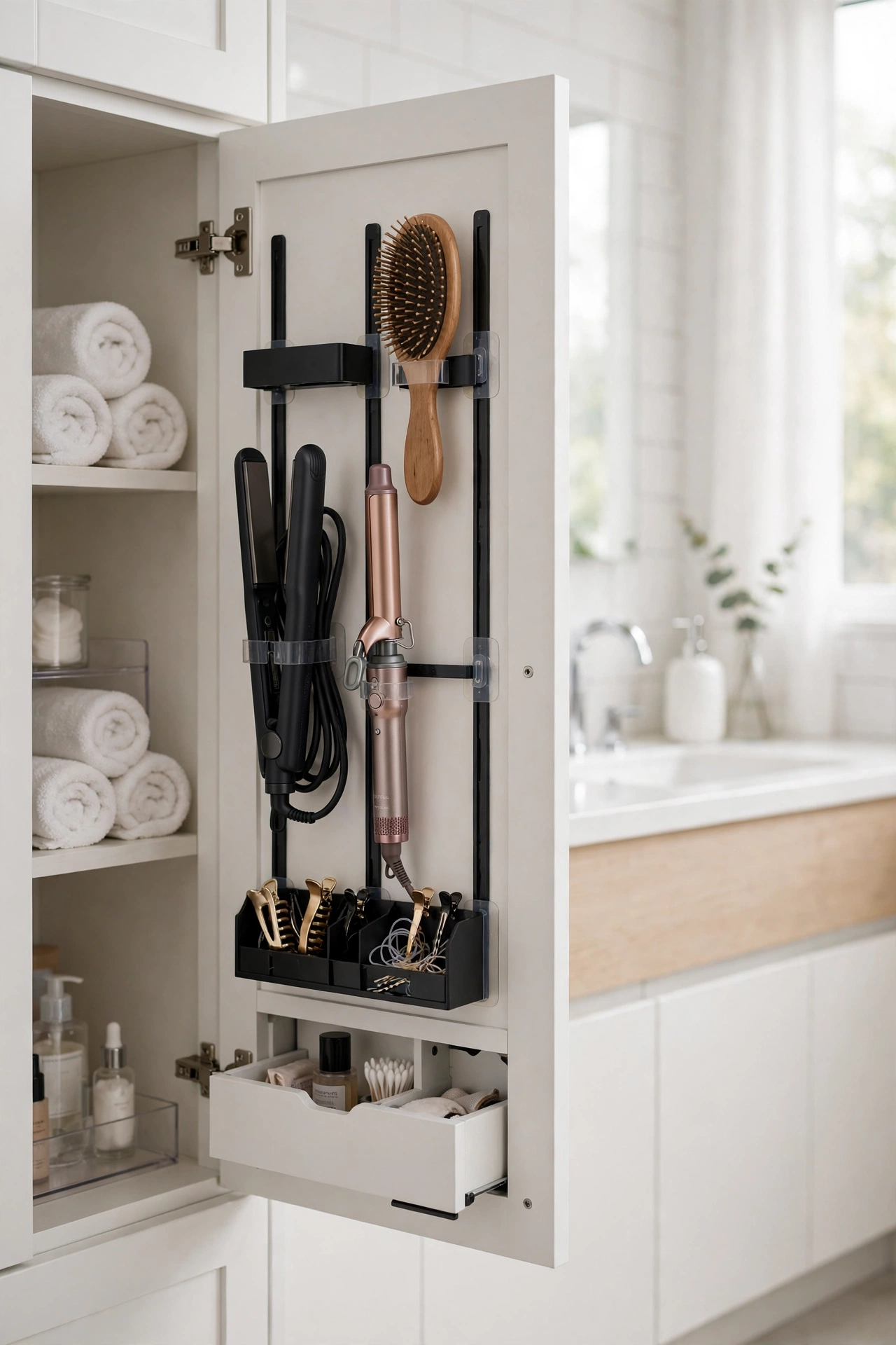 Adhesive racks inside a bathroom vanity cabinet door