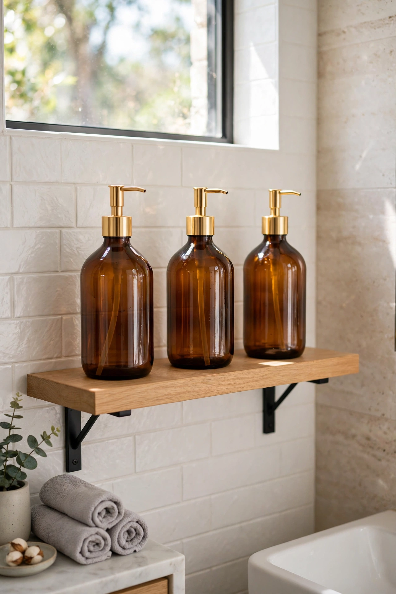 Matching amber glass dispensers on a bathroom shelf