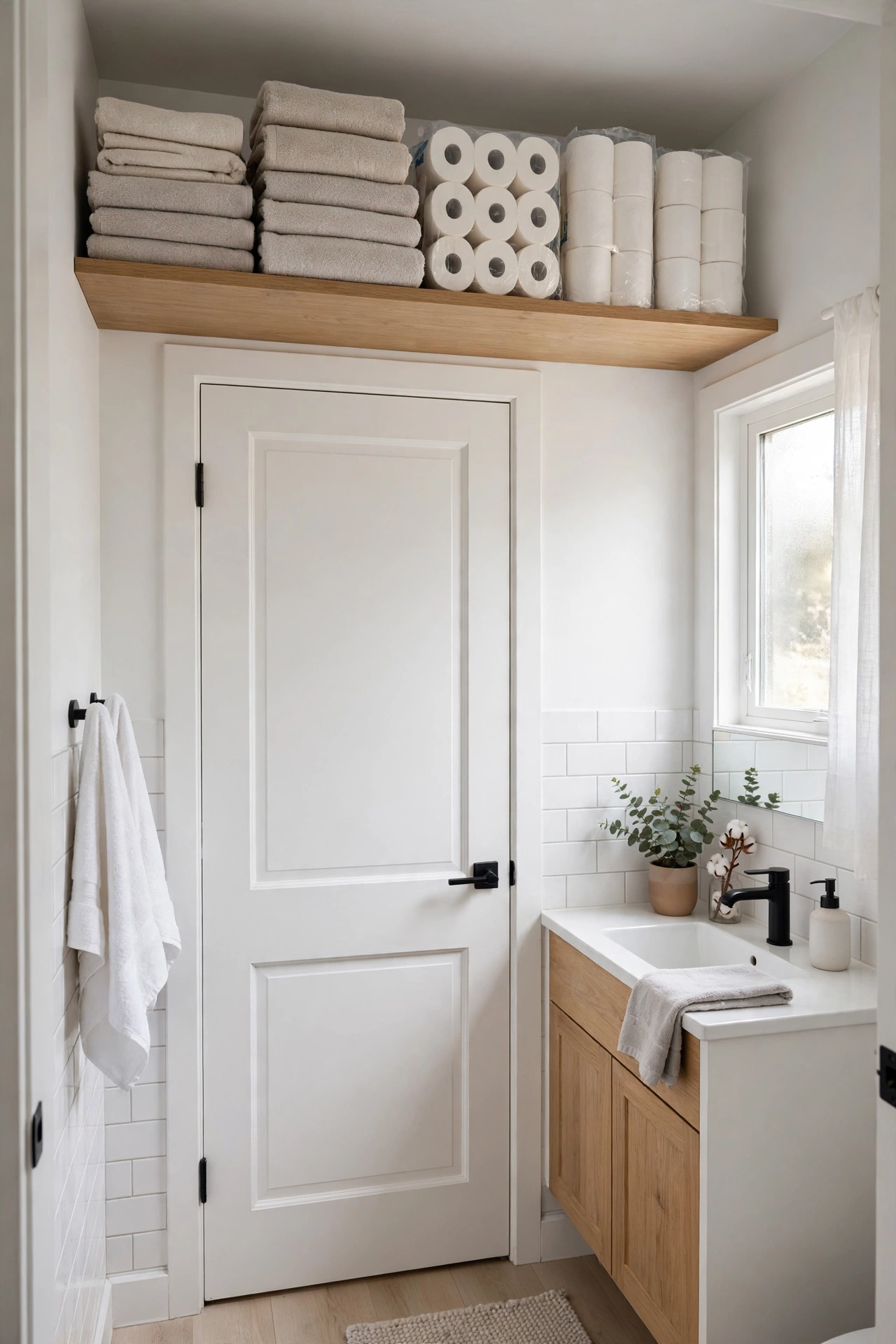 High shelf above a bathroom door for spare towels