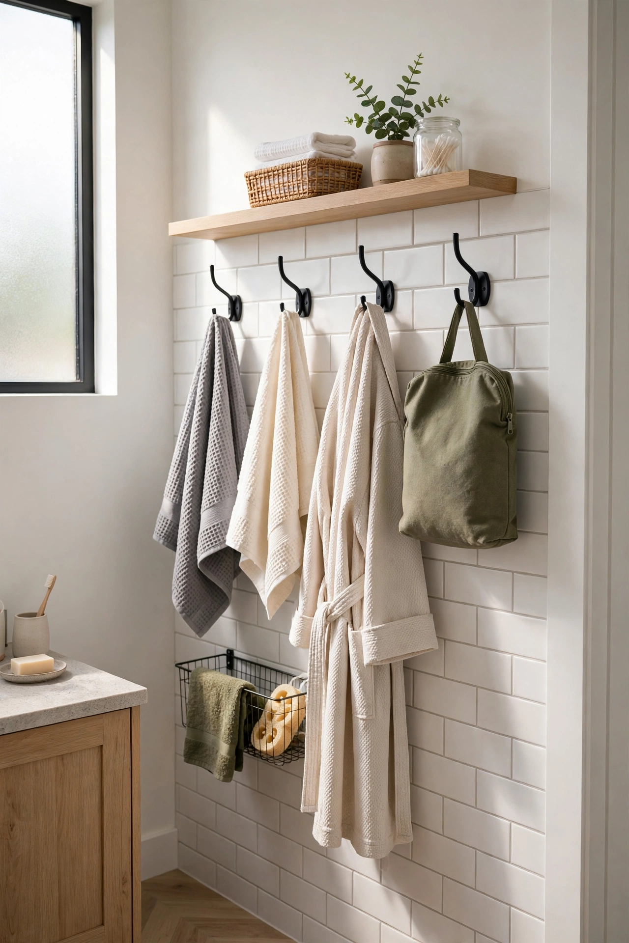 Row of hooks on a narrow bathroom wall holding towels