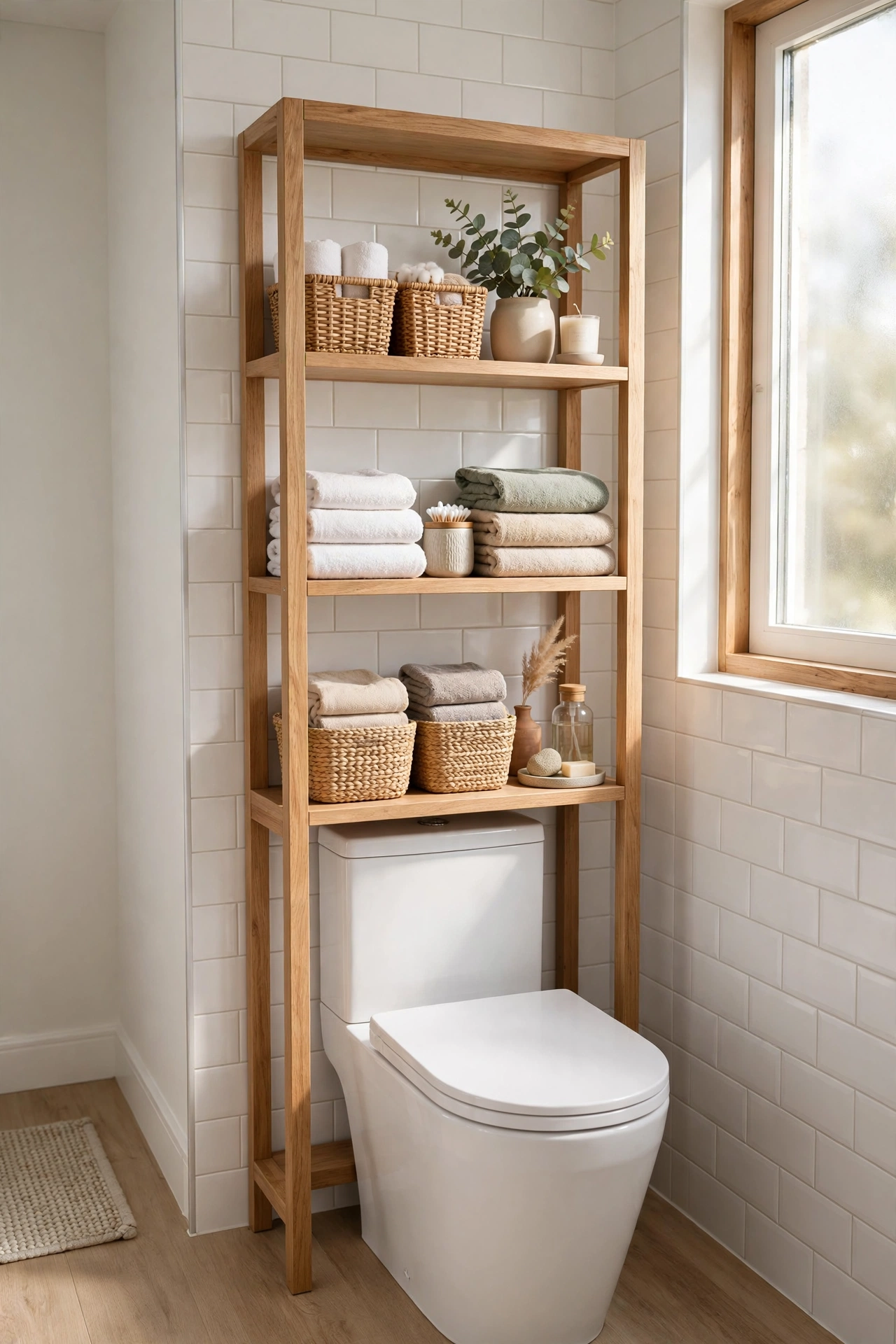 Over-toilet storage unit with shelves in a small bathroom