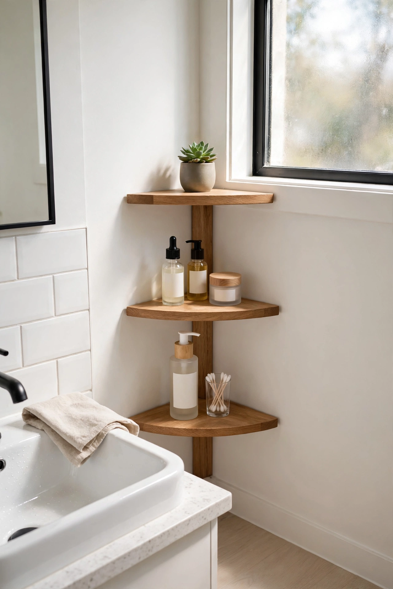 Corner shelves utilising a dead corner in a small bathroom