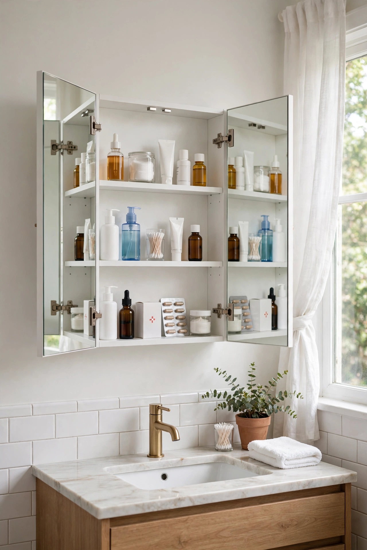 Mirrored medicine cabinet with organised shelves inside