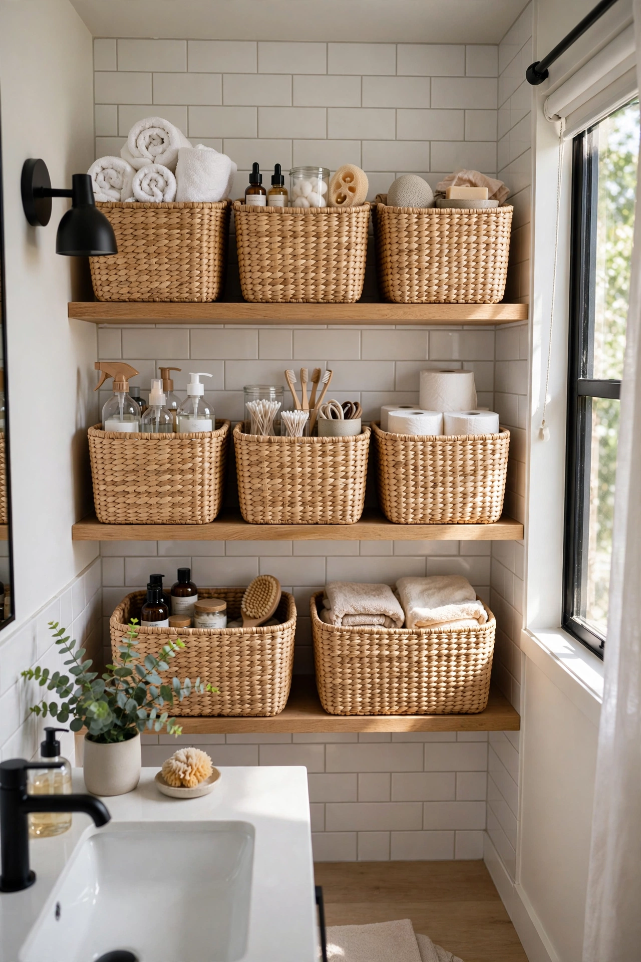 Matching woven baskets organising open bathroom shelves