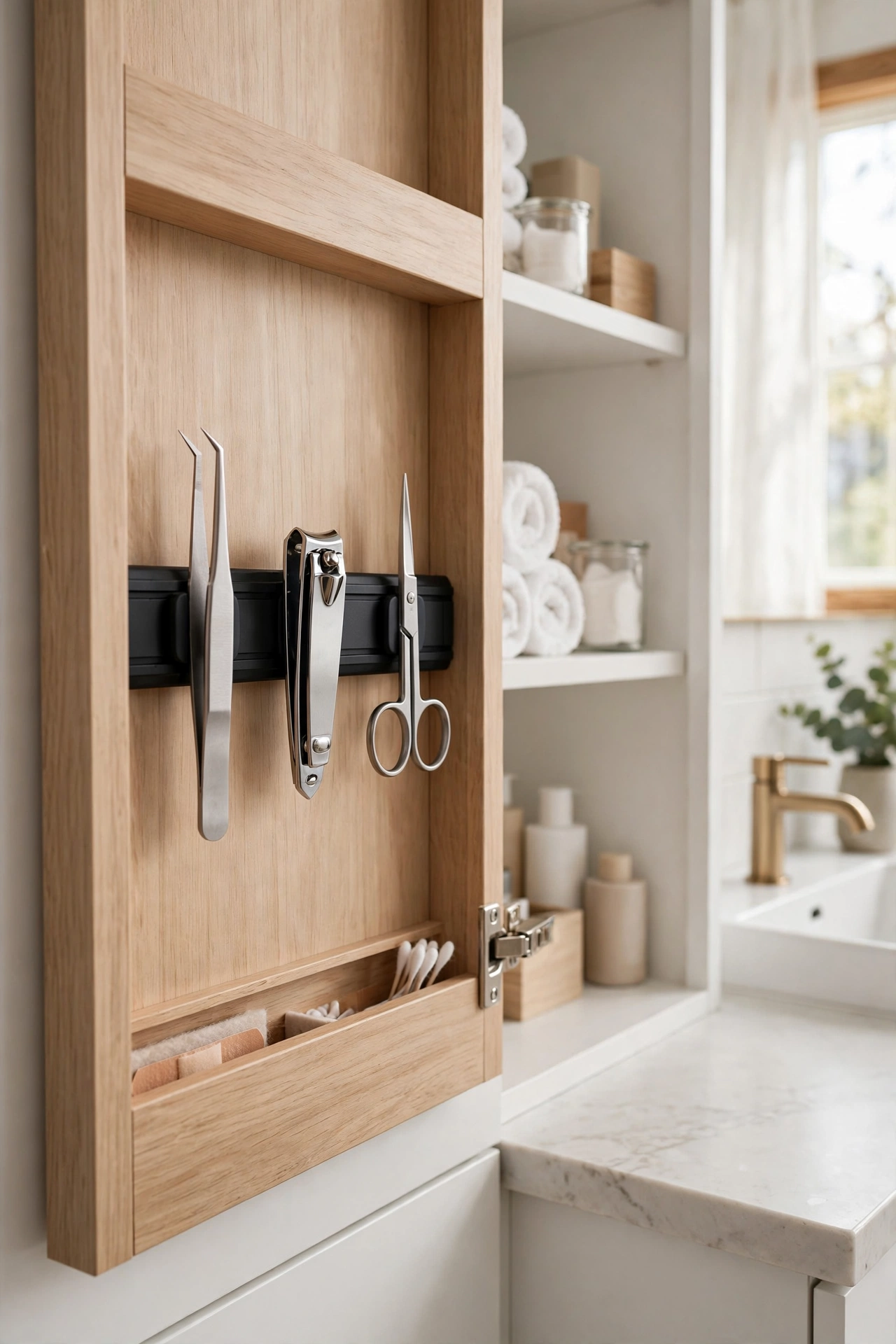 Magnetic strip inside a bathroom cabinet door holding small metal items