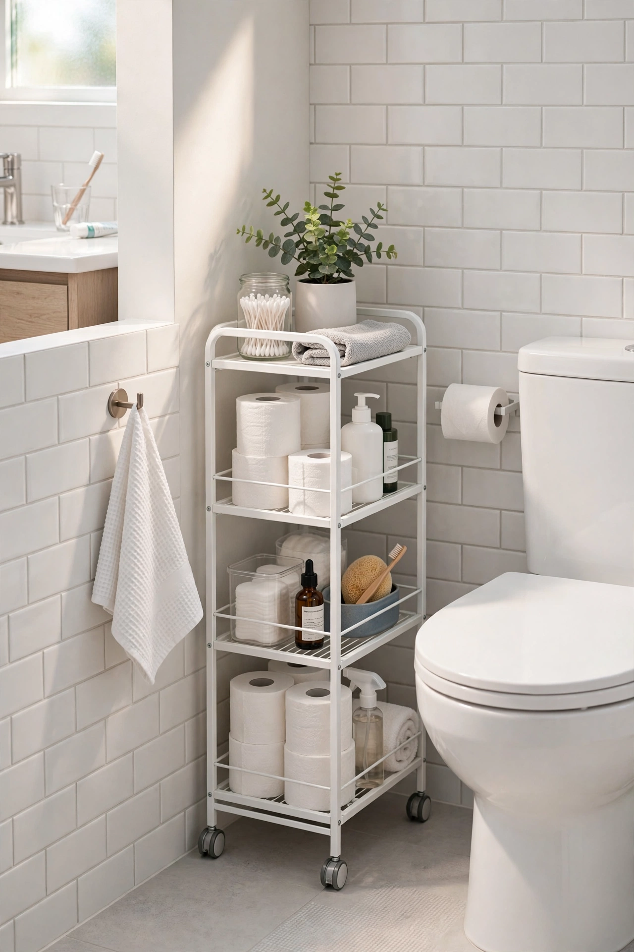 Slim rolling trolley in the narrow gap beside a toilet