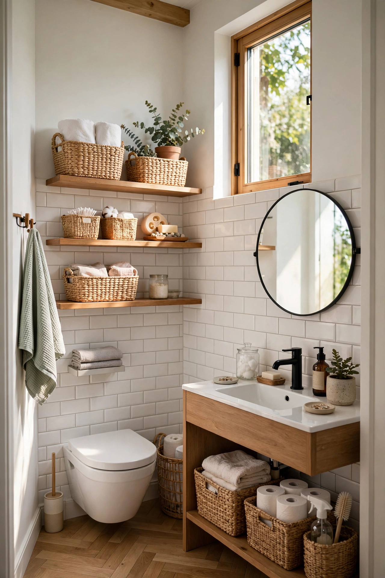 Beautifully organised tiny modern bathroom with floating shelves and baskets