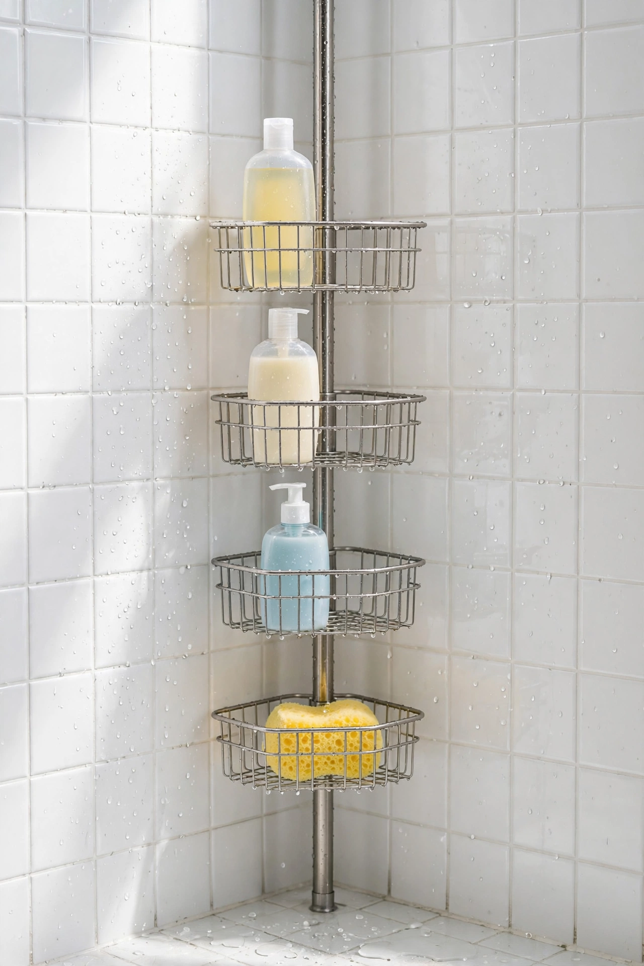 Tension-pole corner shower caddy with four baskets holding shampoo and conditioner