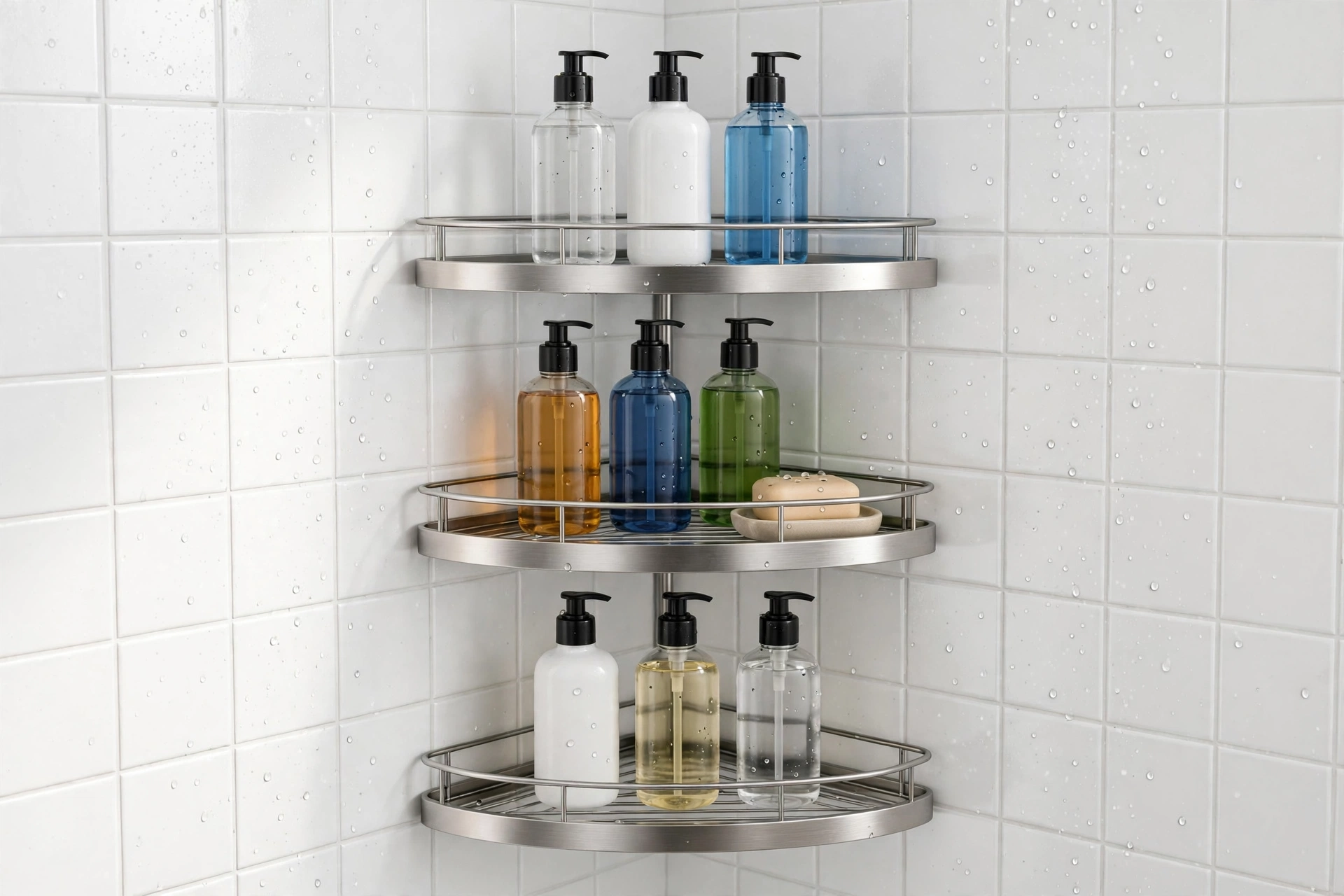 Three-tier rust-proof corner shelf unit in a shower holding bottles and a soap dish