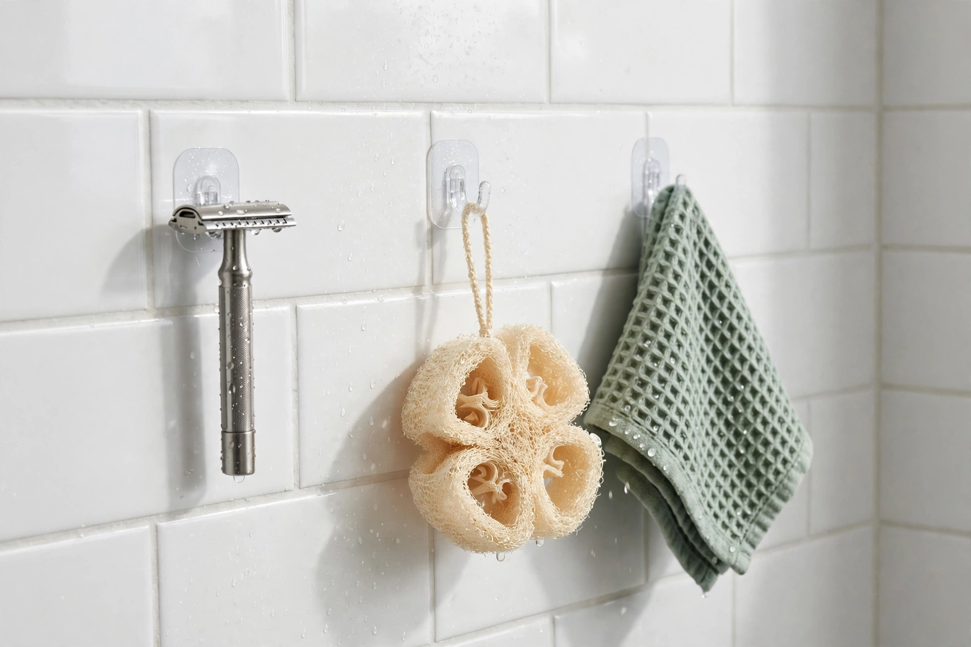 Adhesive hooks on a shower wall holding a razor, loofah and washcloth