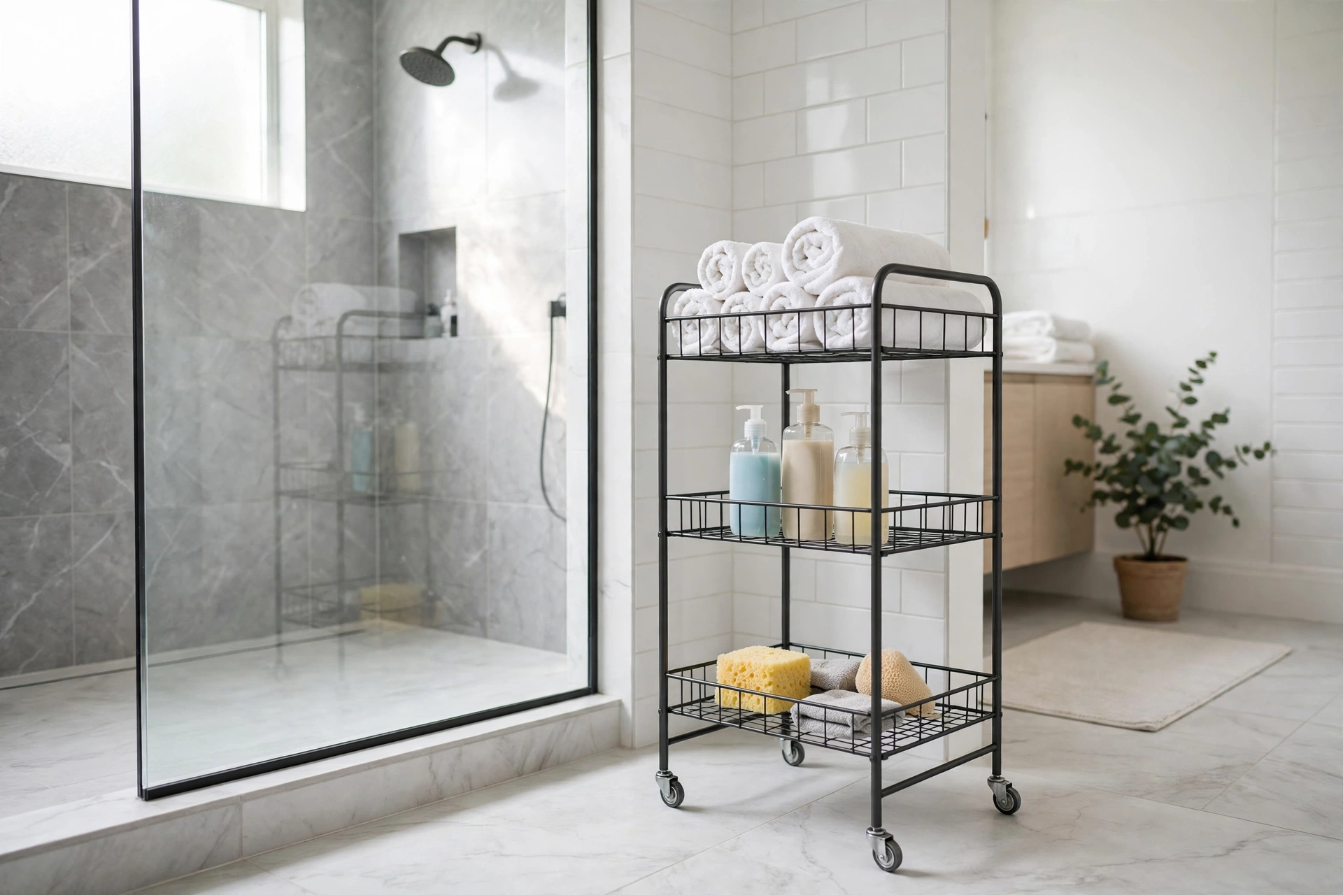 Slim three-tier rolling cart beside a shower holding towels and bottles