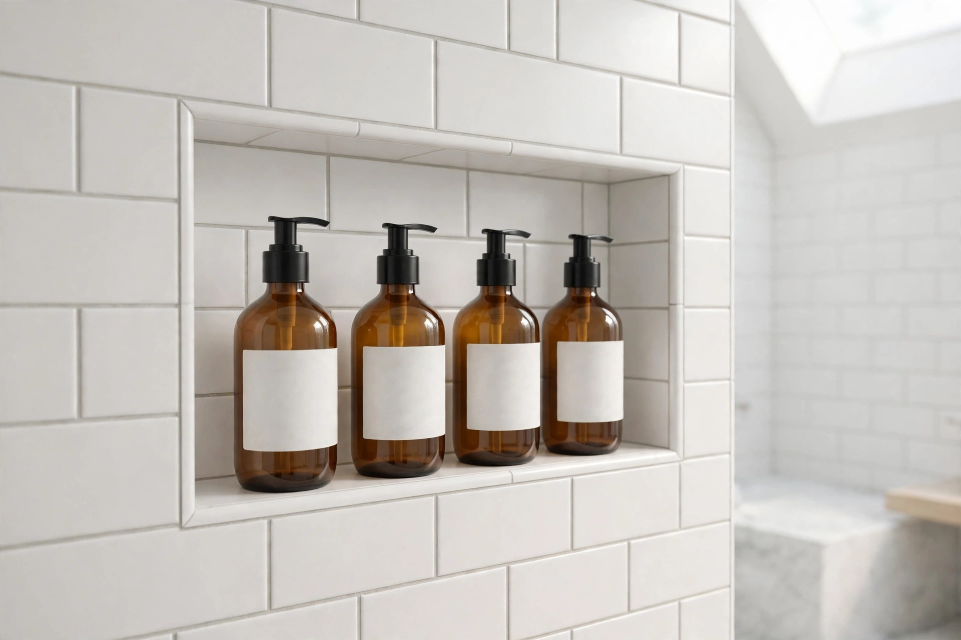 Matching amber refillable bottles with labels lined up on a shower shelf