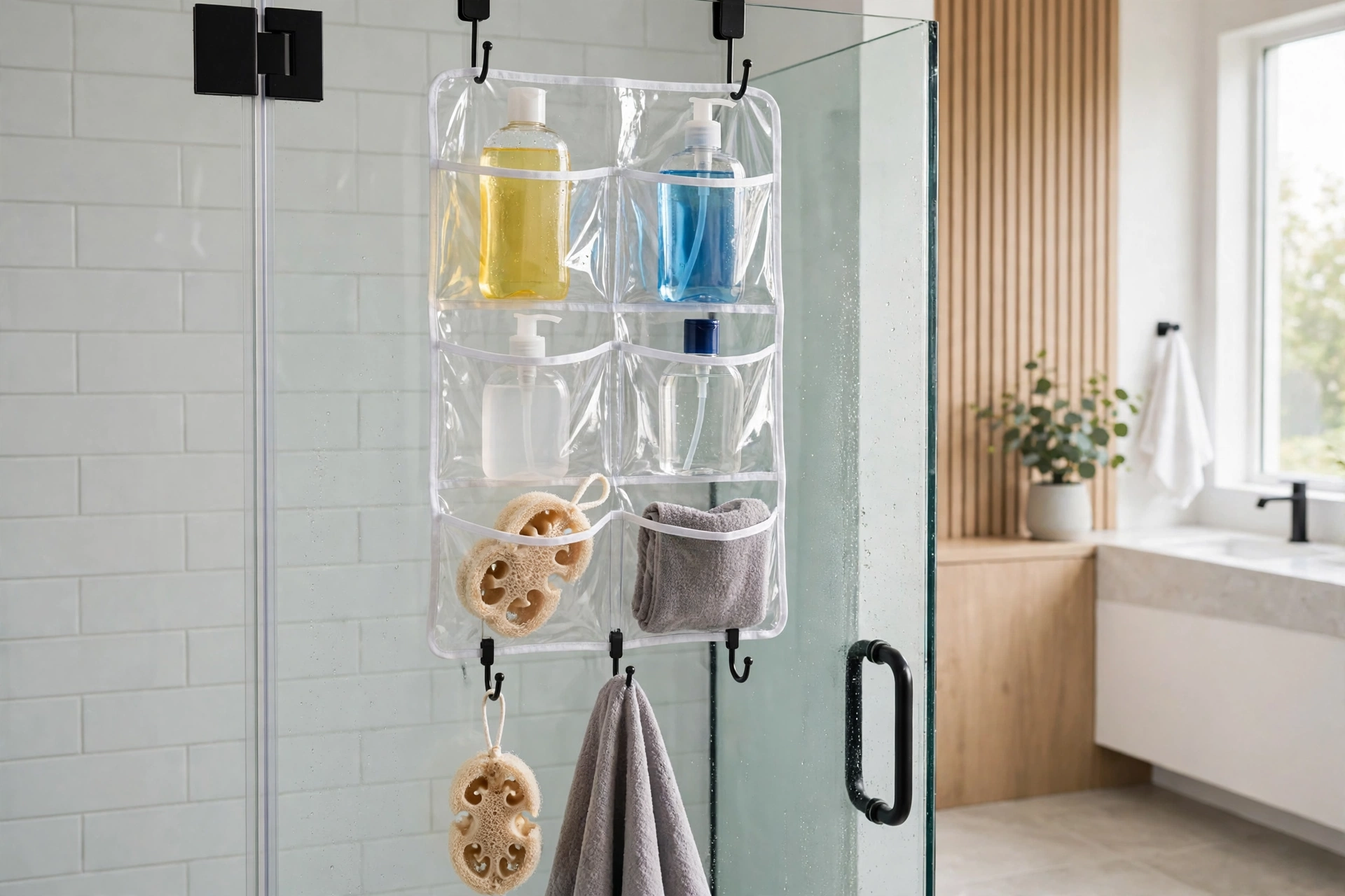 Over-the-door hanging shower organiser with pockets holding bottles and a loofah