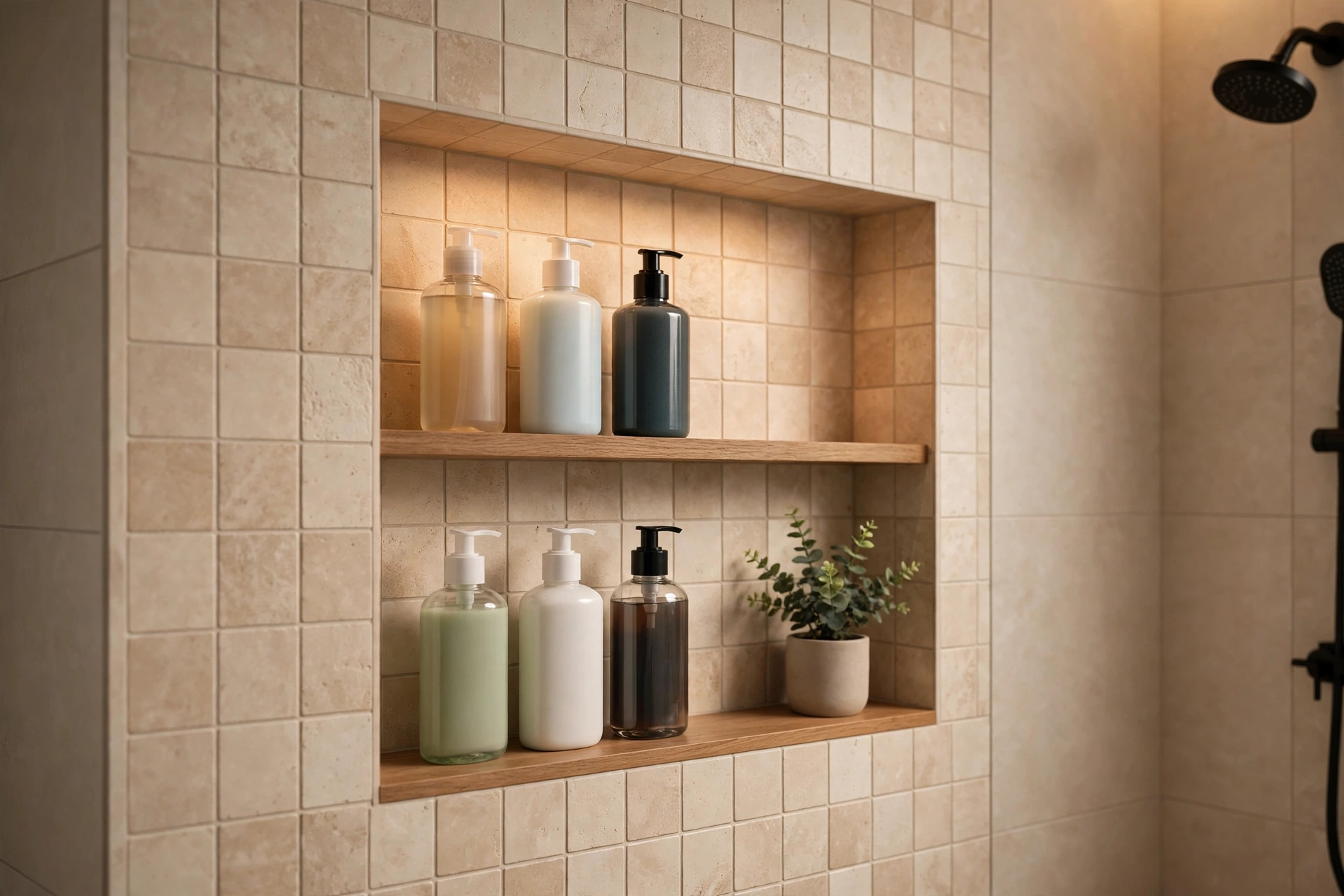 Recessed tiled shower niche with shelves holding neatly arranged bottles