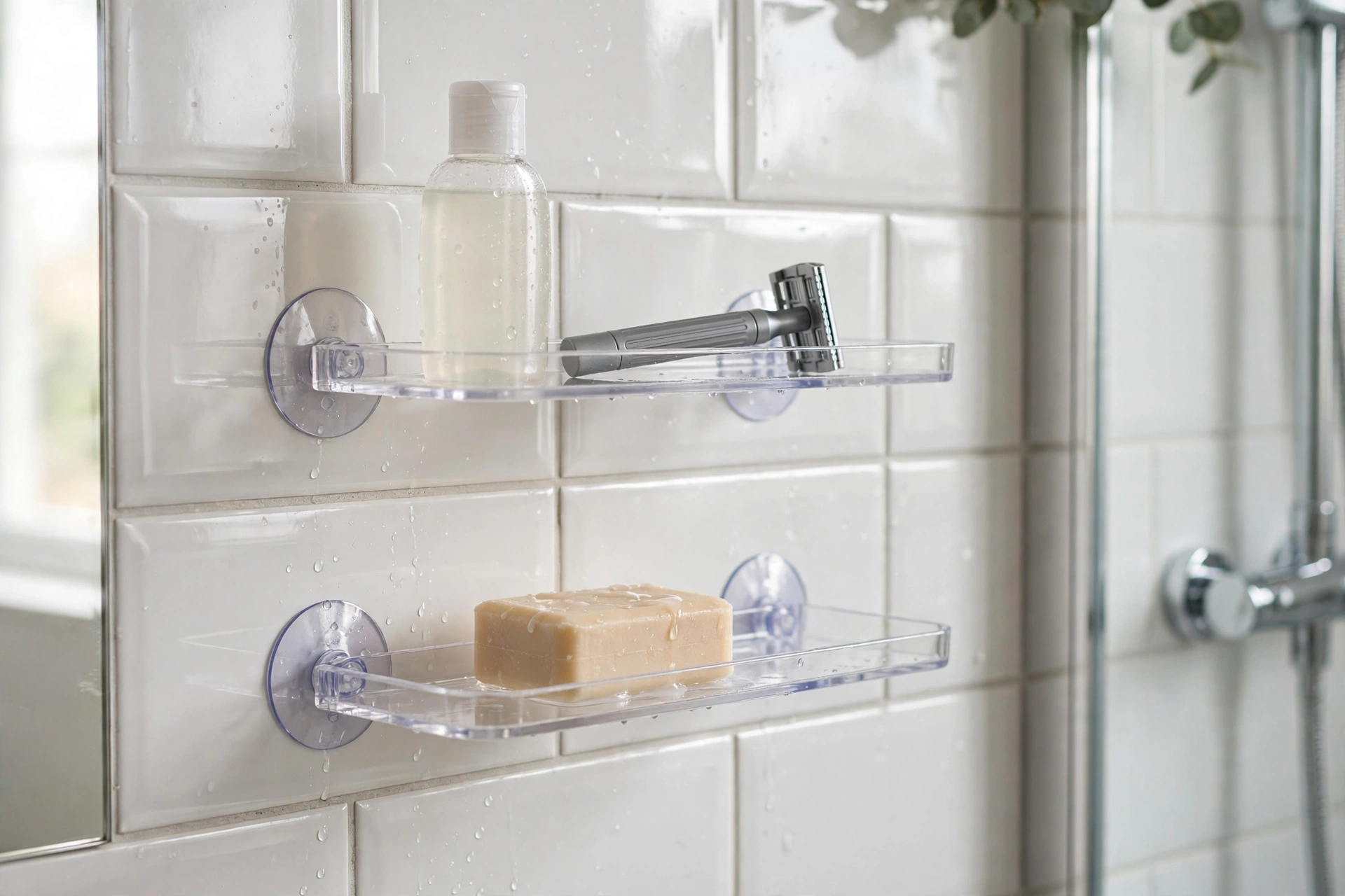 Clear suction-cup shelves on shower wall tiles holding a razor and soap
