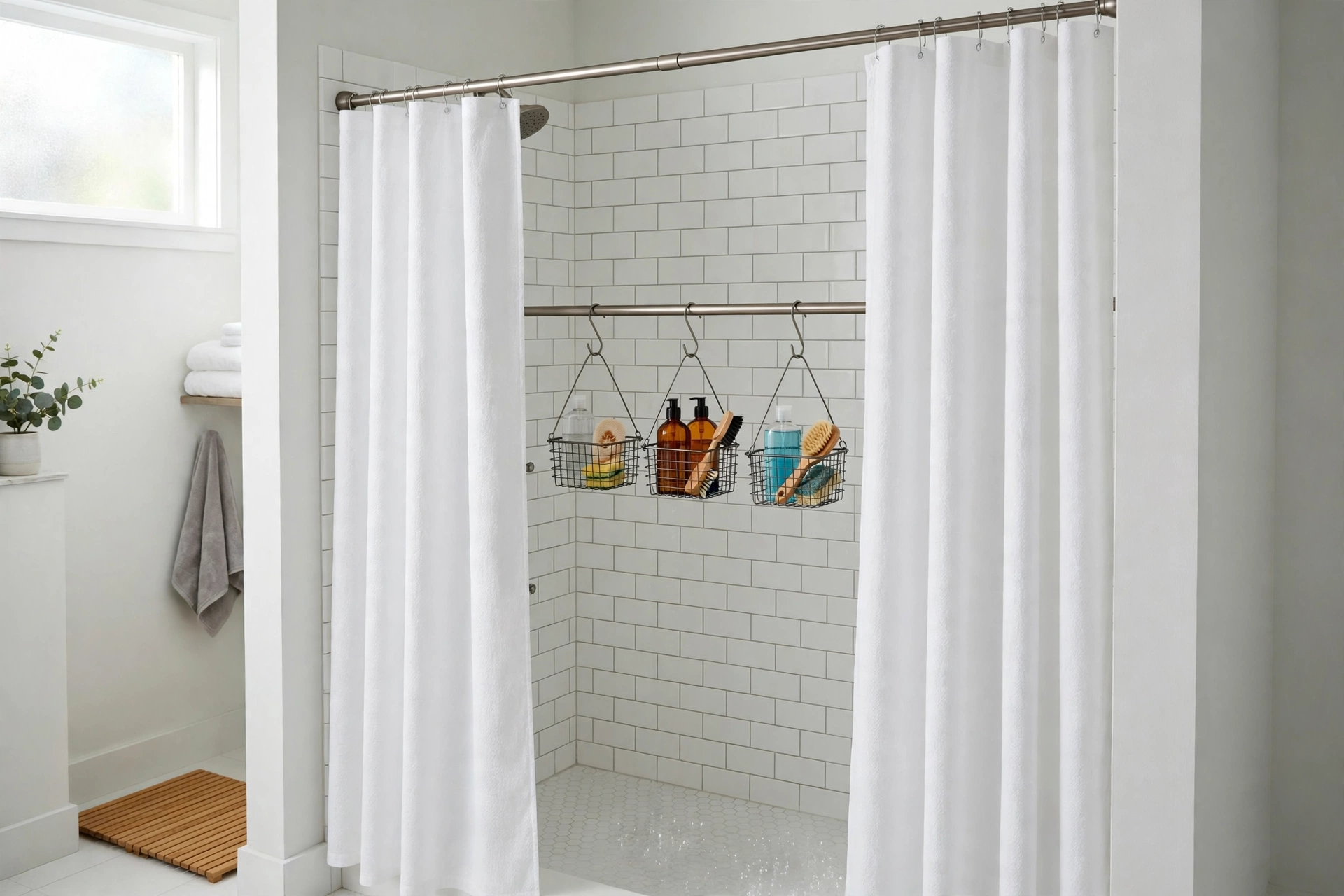 Second tension rod inside a shower with hanging baskets holding bottles and a sponge
