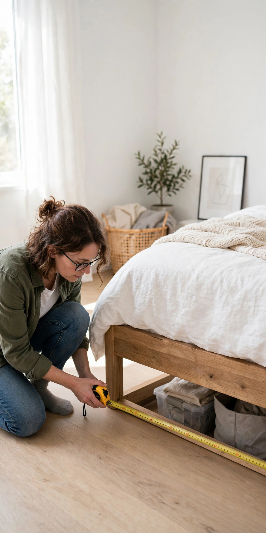 Person measuring under bed space with a tape measure