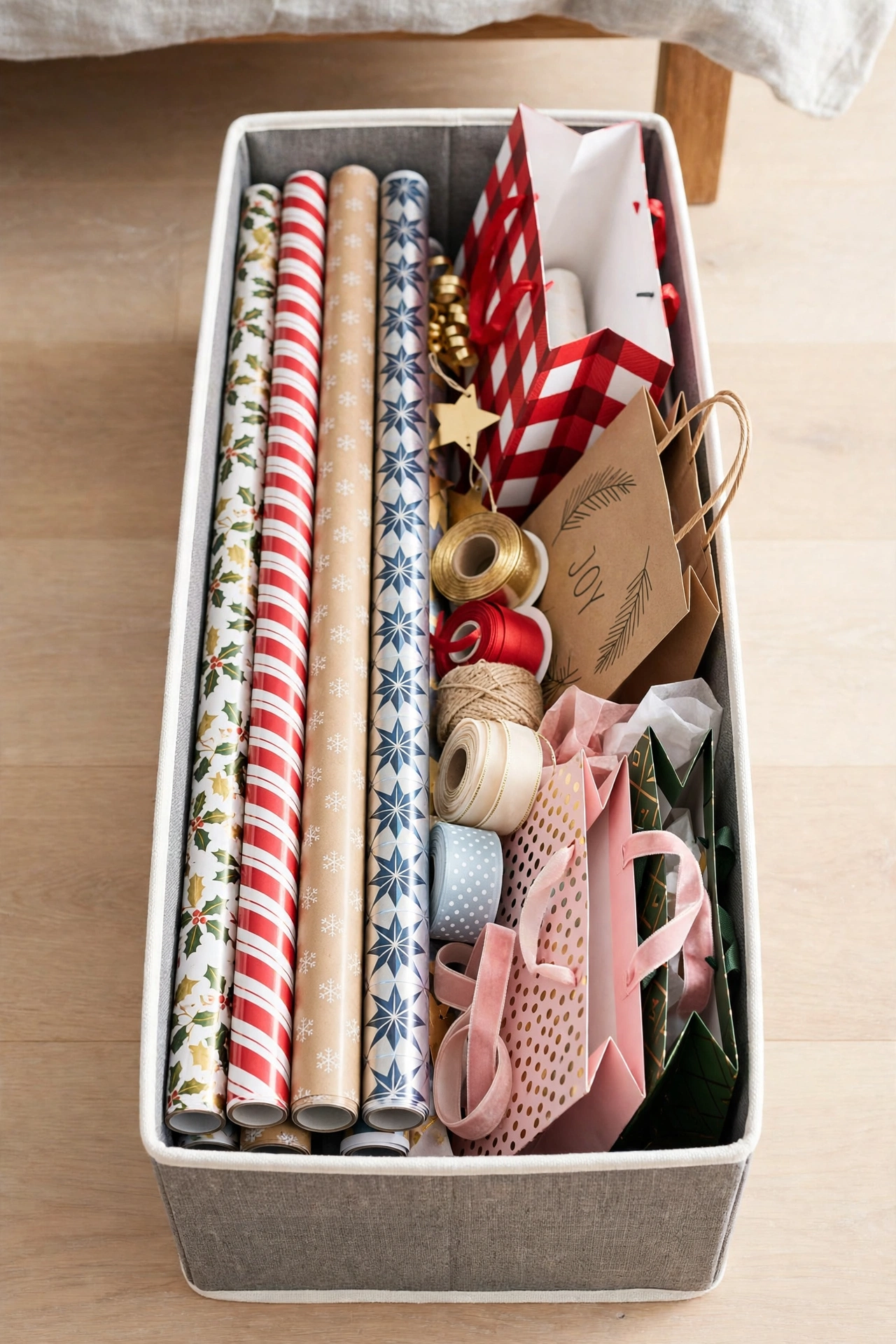 Slim under bed box holding gift wrap and ribbons