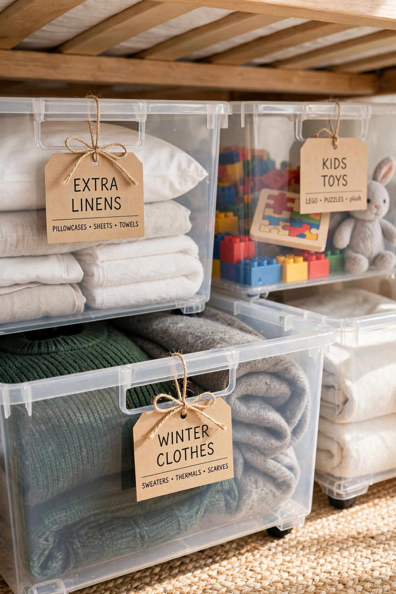 Close view of labelled under bed storage bins