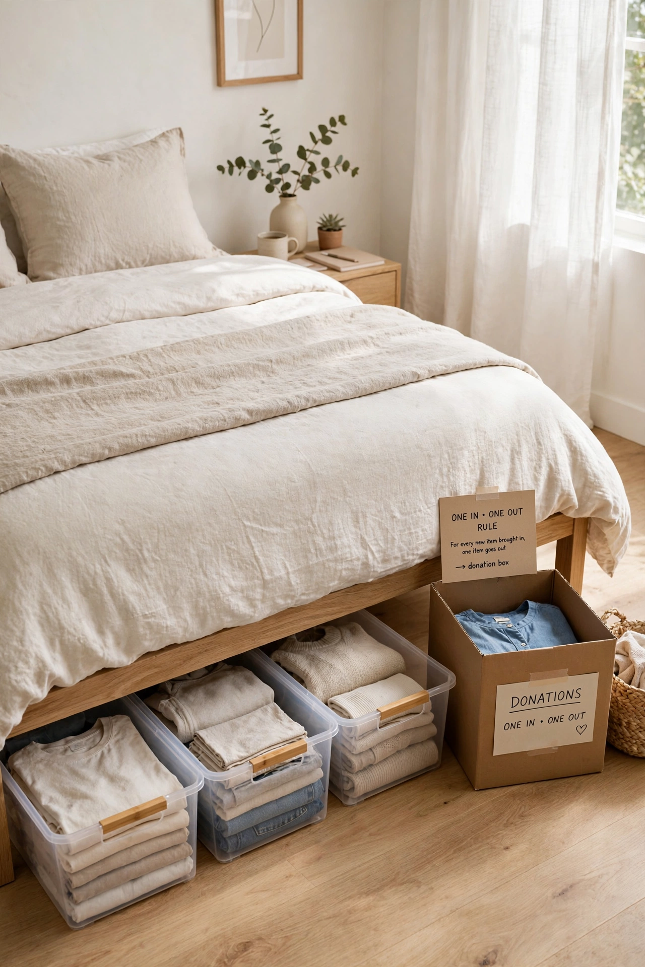 Minimal under bed storage with a donation box beside the bed