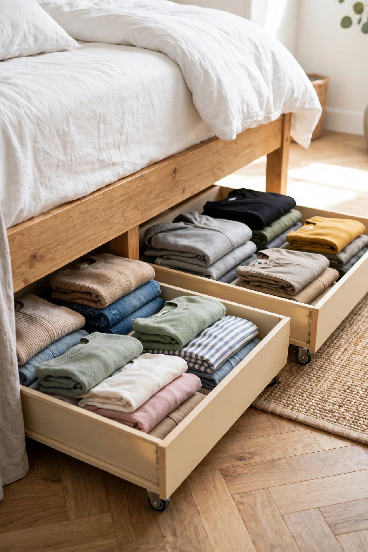 Low rolling storage drawers under a bed with folded clothes