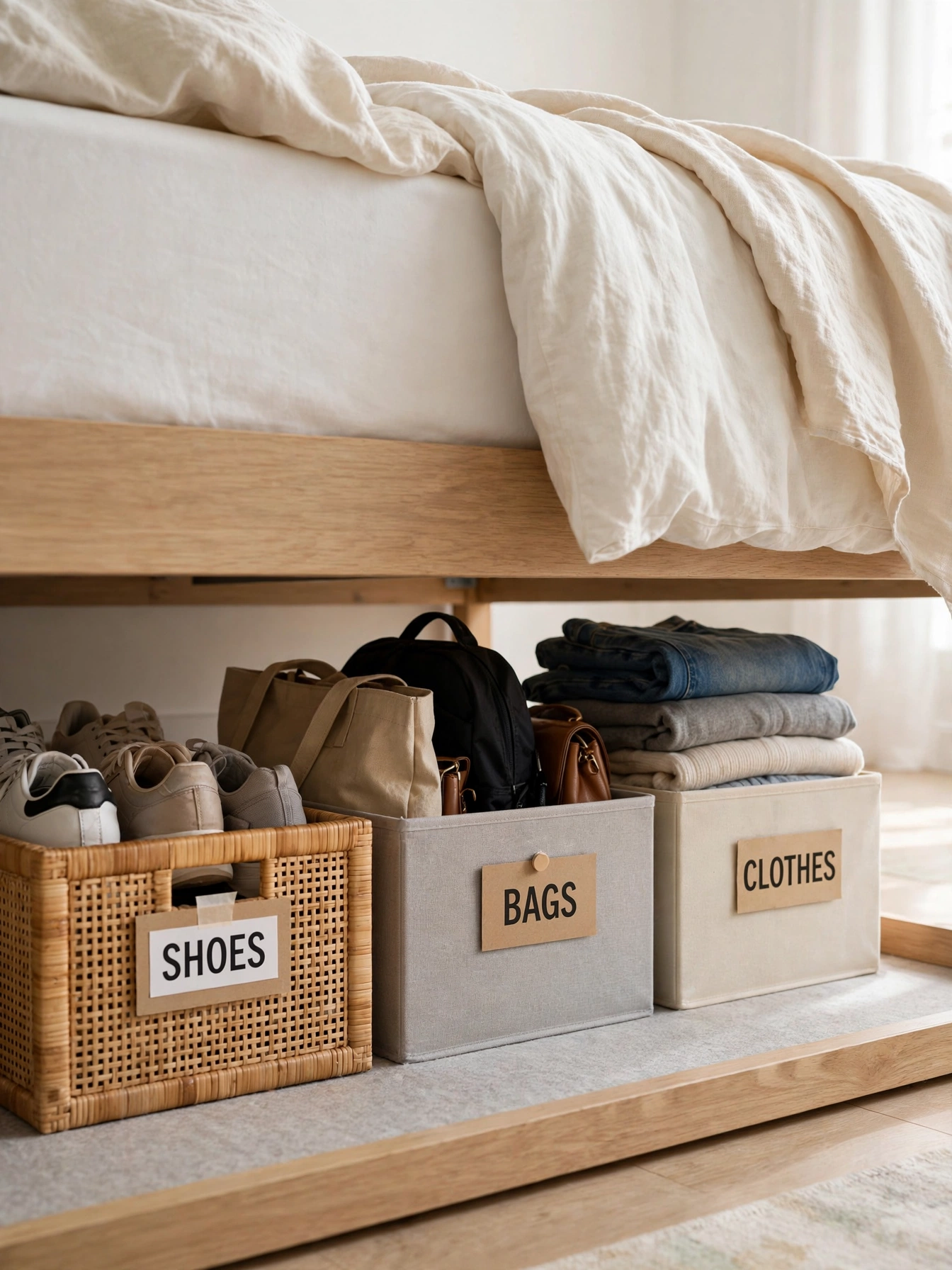 Under bed space divided into smaller labelled boxes
