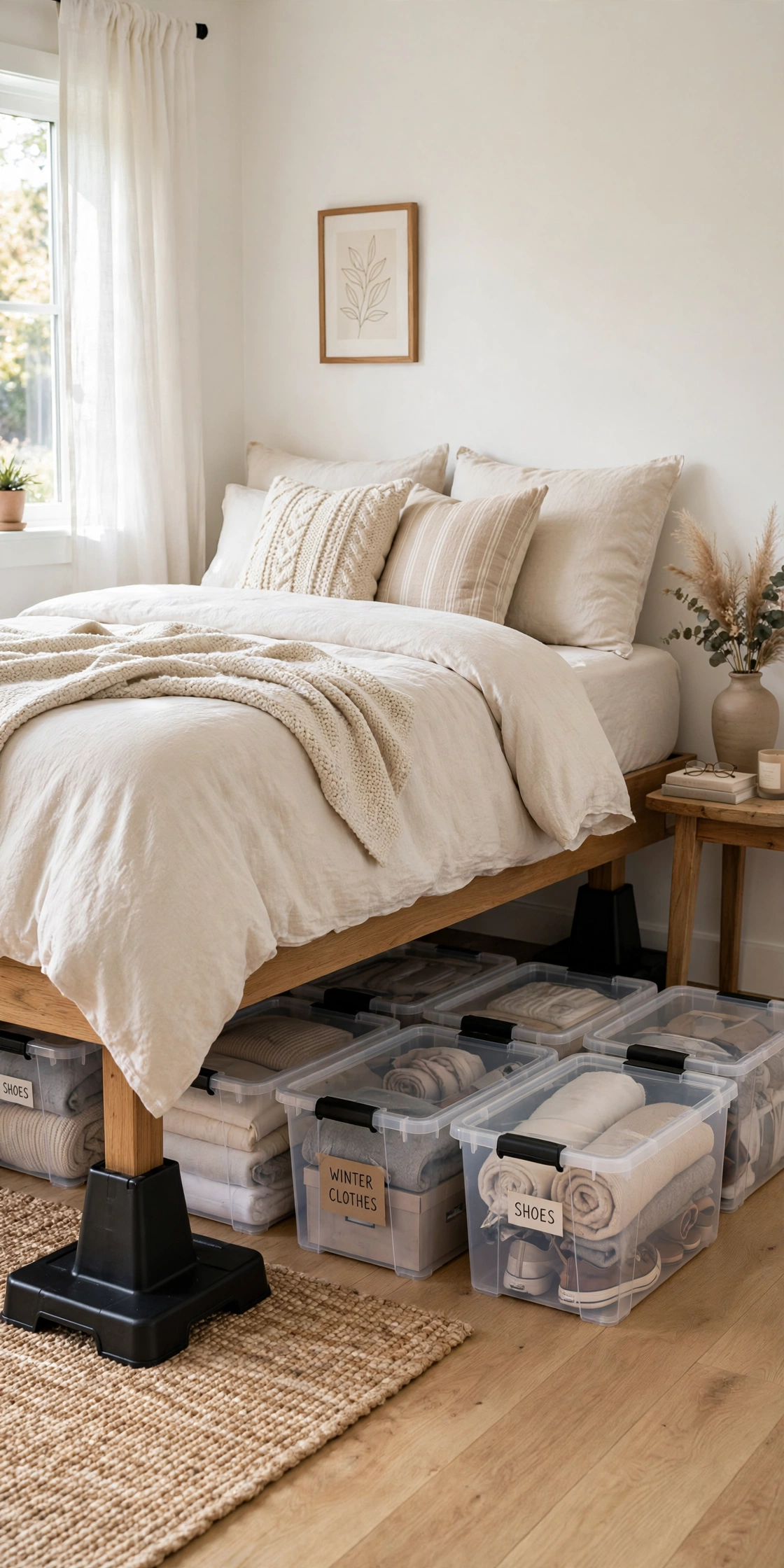 Bed raised on risers showing under bed clearance