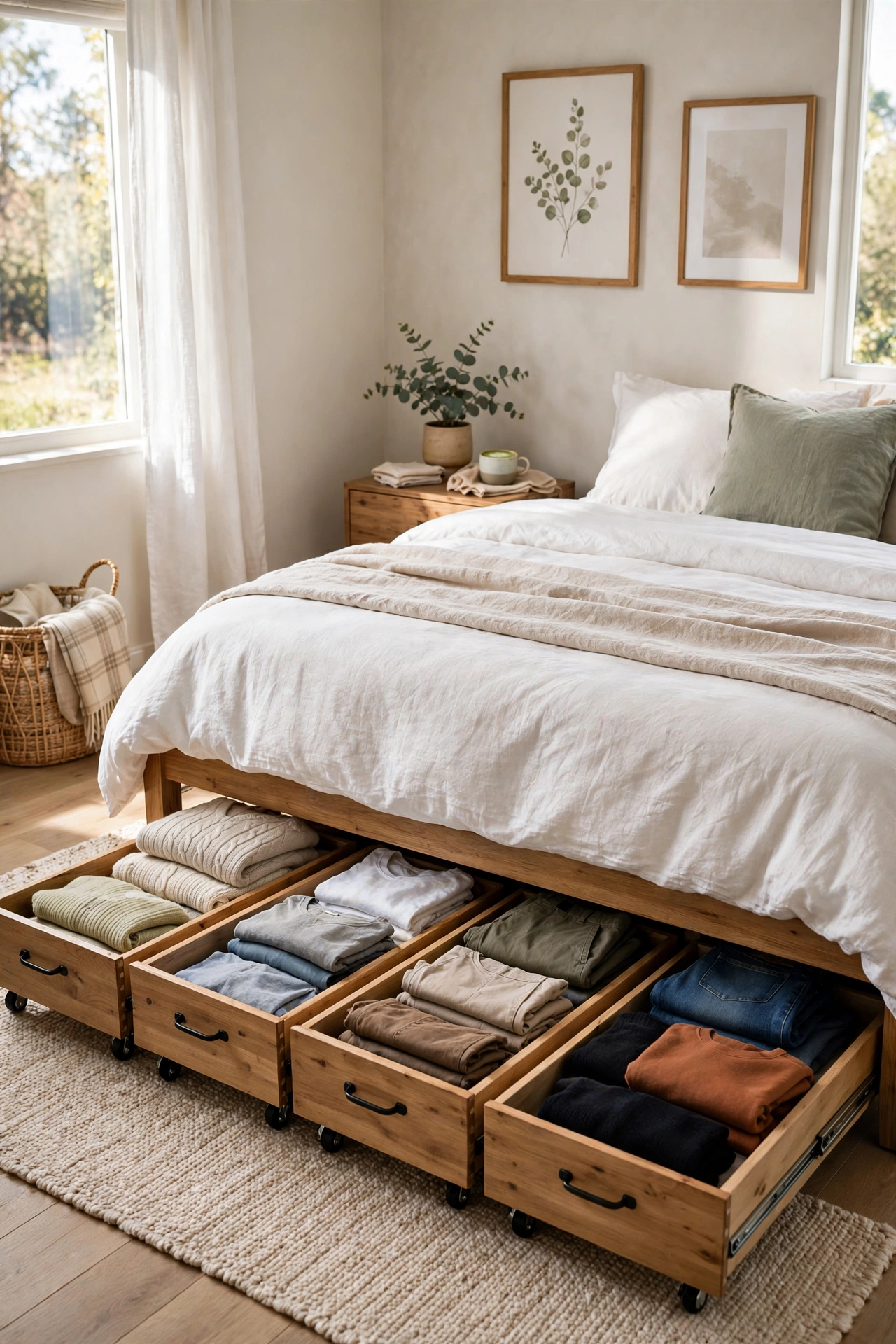 Bedroom with organised under bed rolling drawers pulled out